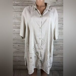 Avenue, size 18, Beige Linen Blend Eyelet Button Down Blouse, long fitted
